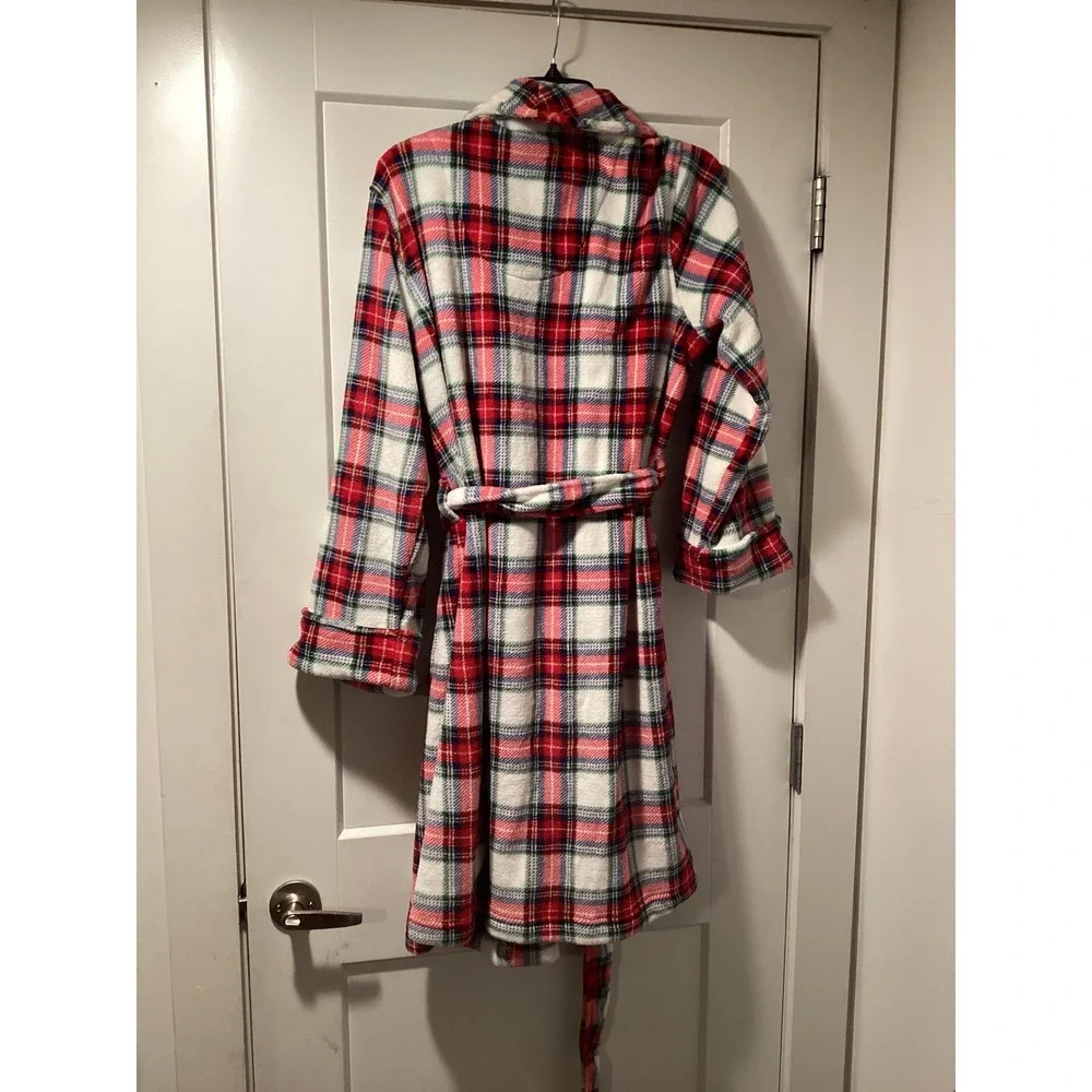 Lauren Ralph Lauren‎ Womens Red Plaid Fleece Robe LRL Crest Belted Large